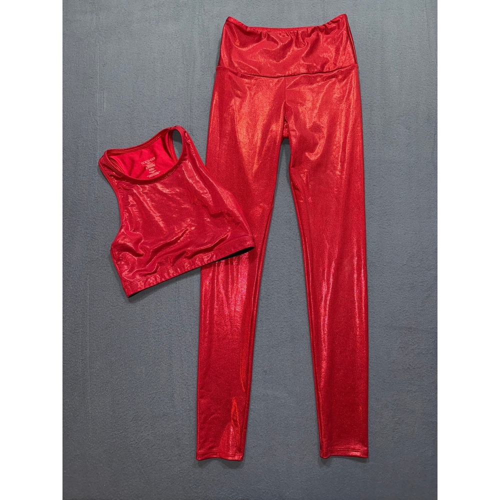 Goldsheep Red Metallic Foil Activewear Set Sports Bra Leggings Small